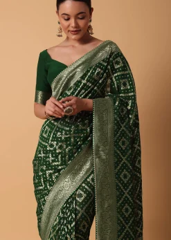 Green Banarasi Georgette Saree With Zari Bandhani Weave And Unstitched Blouse Piece