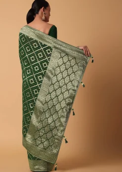 Green Banarasi Georgette Saree With Zari Bandhani Weave And Unstitched Blouse Piece