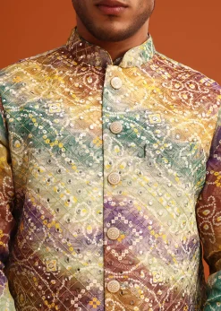 Green Bandhani Print Jacket Kurta Set In Georgette
