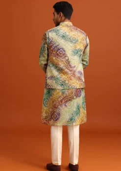 Green Bandhani Print Jacket Kurta Set In Georgette