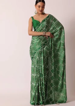 Green Bandhani Silk Saree With Gota Work And Unstitched Blouse Piece