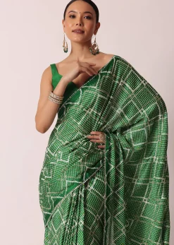 Green Bandhani Silk Saree With Gota Work And Unstitched Blouse Piece