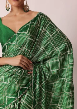 Green Bandhani Silk Saree With Gota Work And Unstitched Blouse Piece
