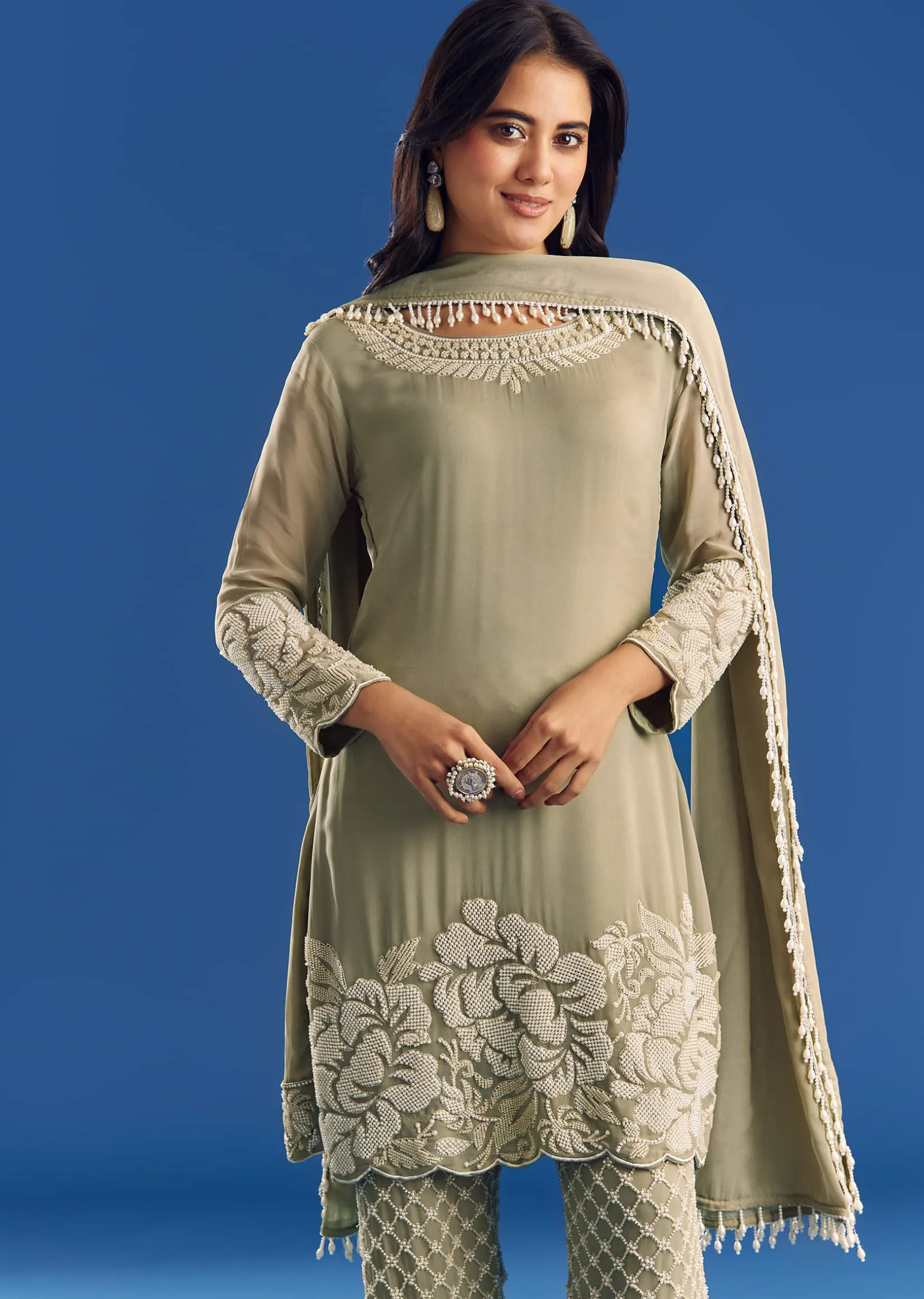 Green Beaded Kurta Pant Set With Dupatta In Georgette
