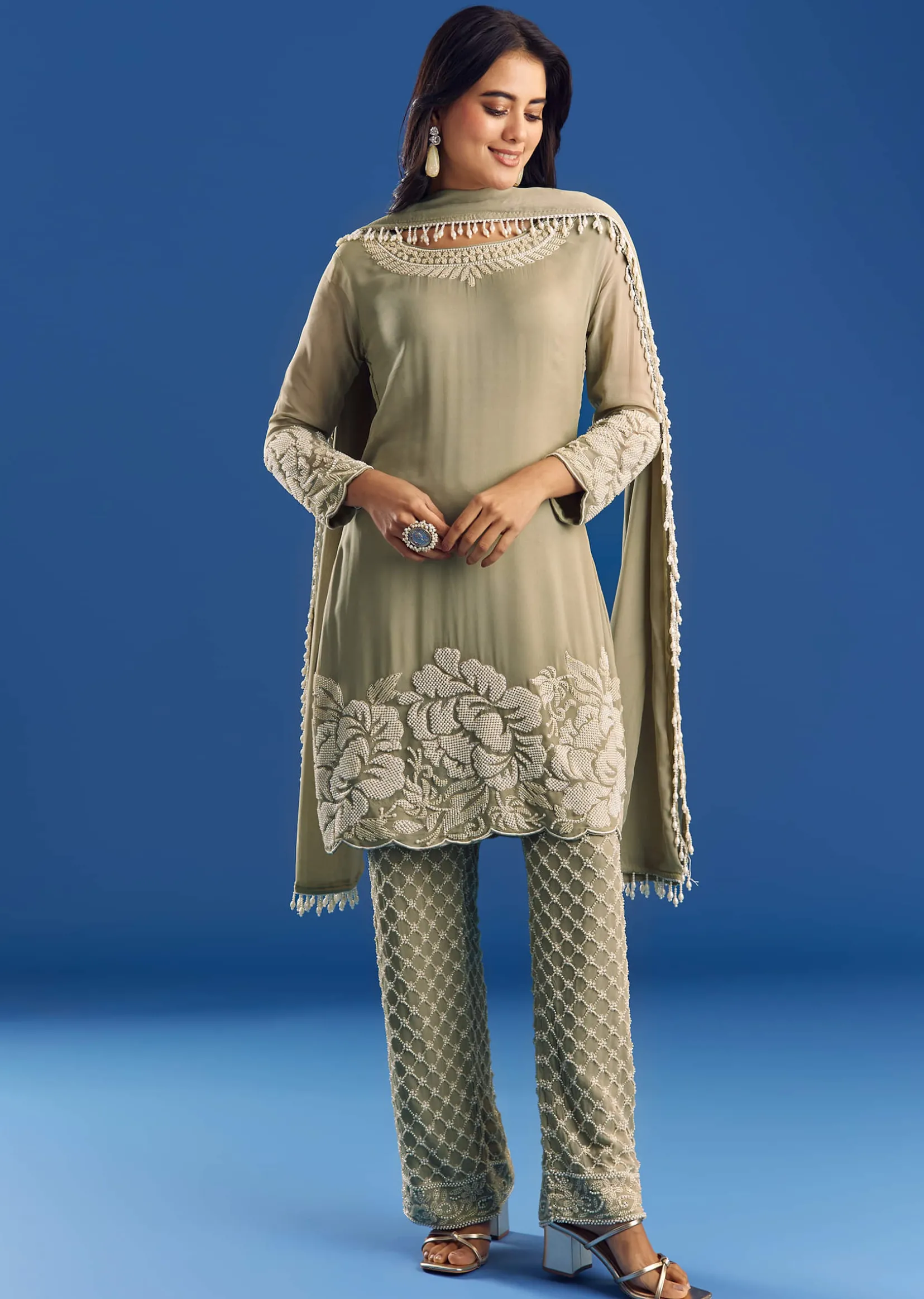 Green Beaded Kurta Pant Set With Dupatta In Georgette