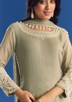 Green Beaded Kurta Pant Set With Dupatta In Georgette