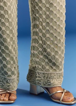 Green Beaded Kurta Pant Set With Dupatta In Georgette