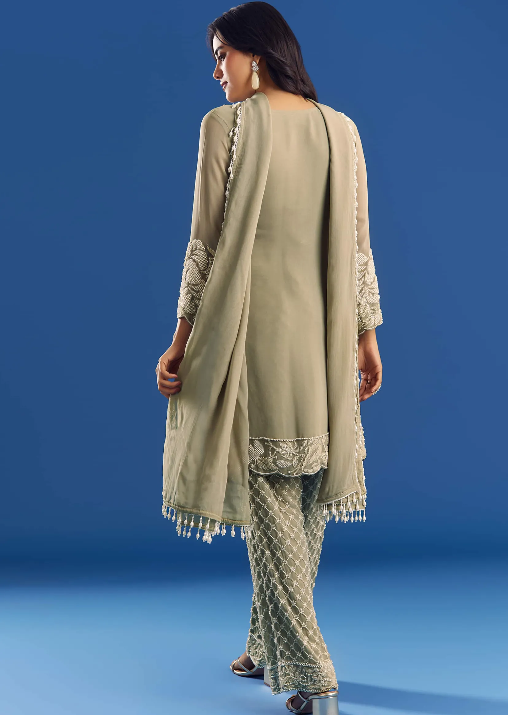 Green Beaded Kurta Pant Set With Dupatta In Georgette
