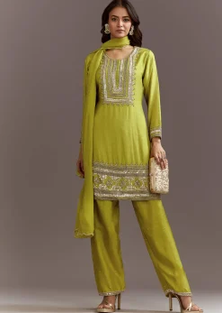 Green Beads And Sequins Work Kurta Set With Organza Dupatta