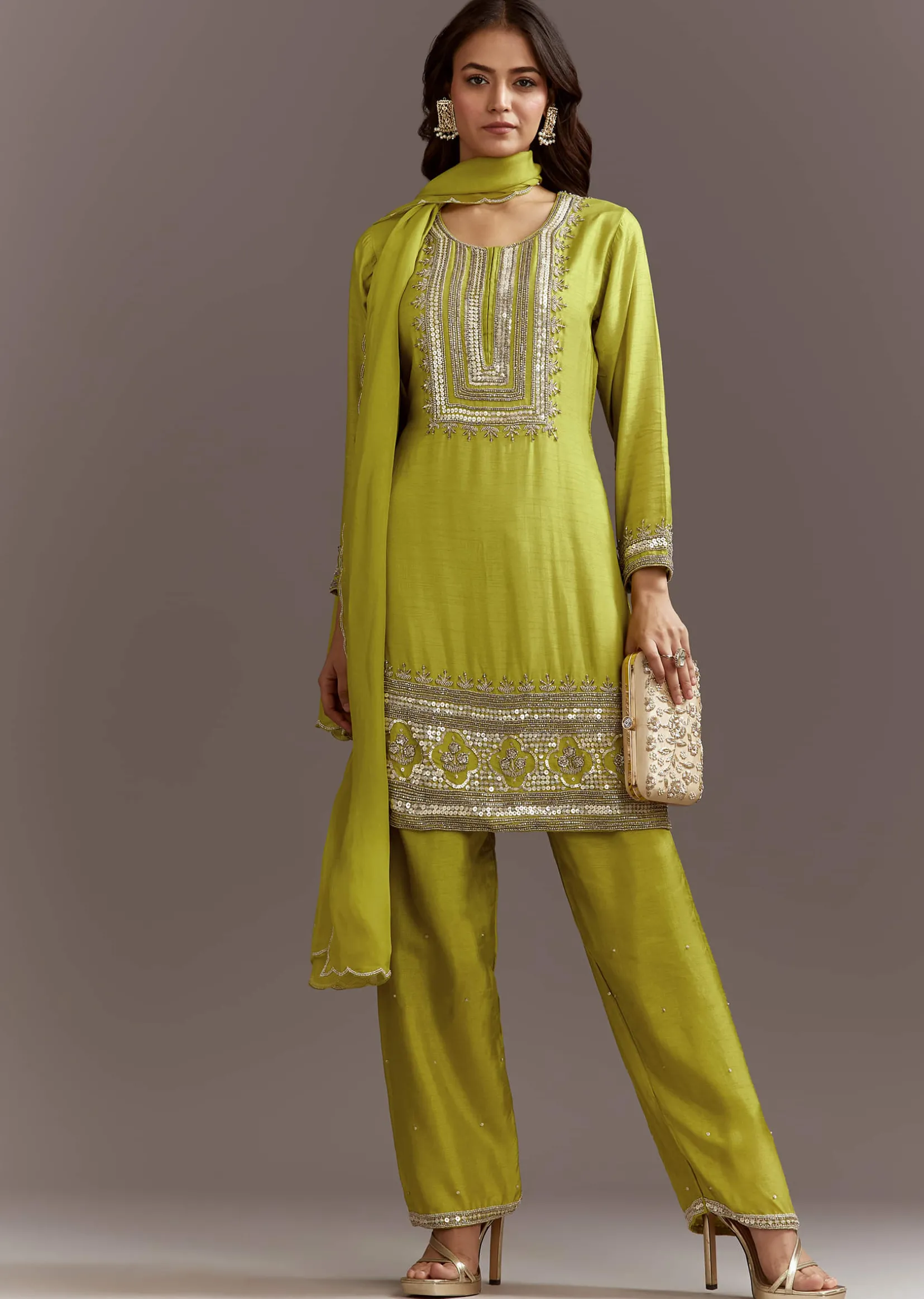 Green Beads And Sequins Work Kurta Set With Organza Dupatta