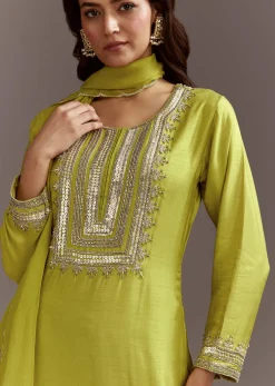 Green Beads And Sequins Work Kurta Set With Organza Dupatta