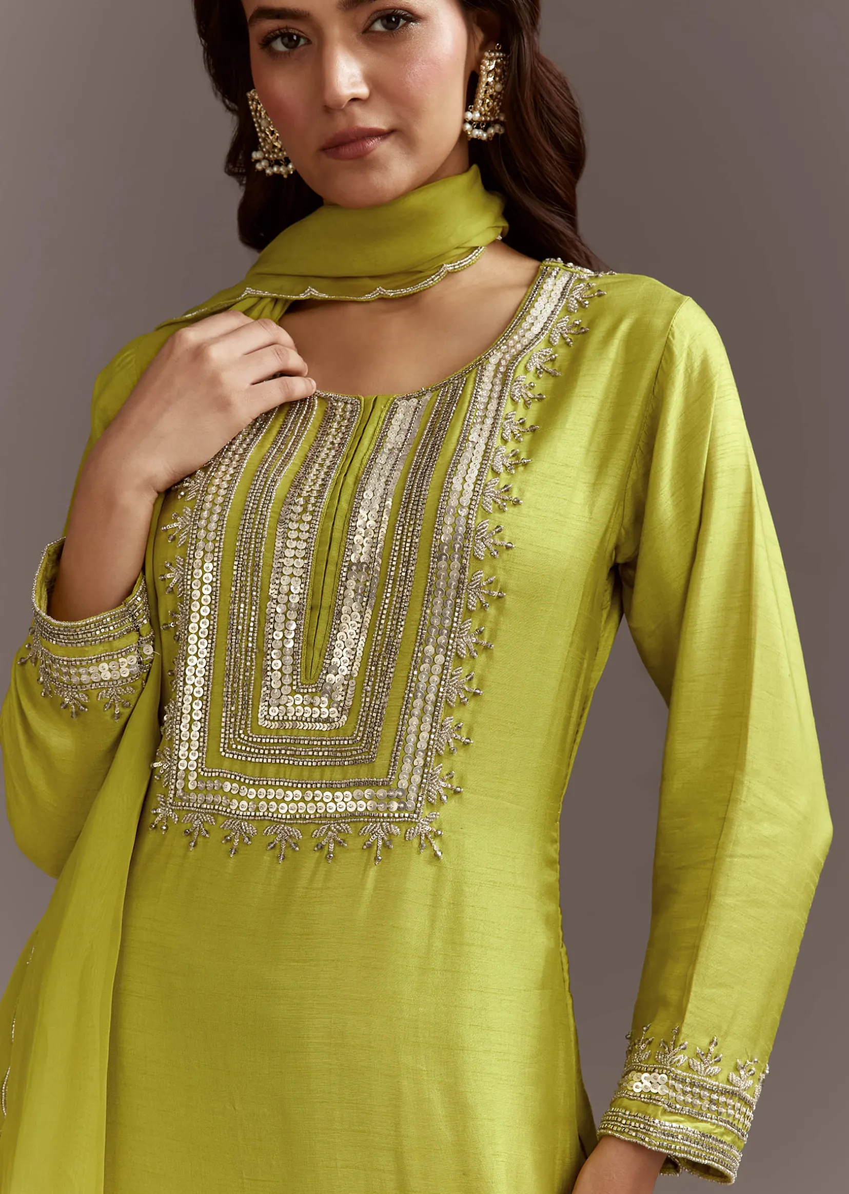 Green Beads And Sequins Work Kurta Set With Organza Dupatta