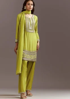 Green Beads And Sequins Work Kurta Set With Organza Dupatta
