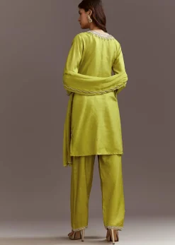Green Beads And Sequins Work Kurta Set With Organza Dupatta