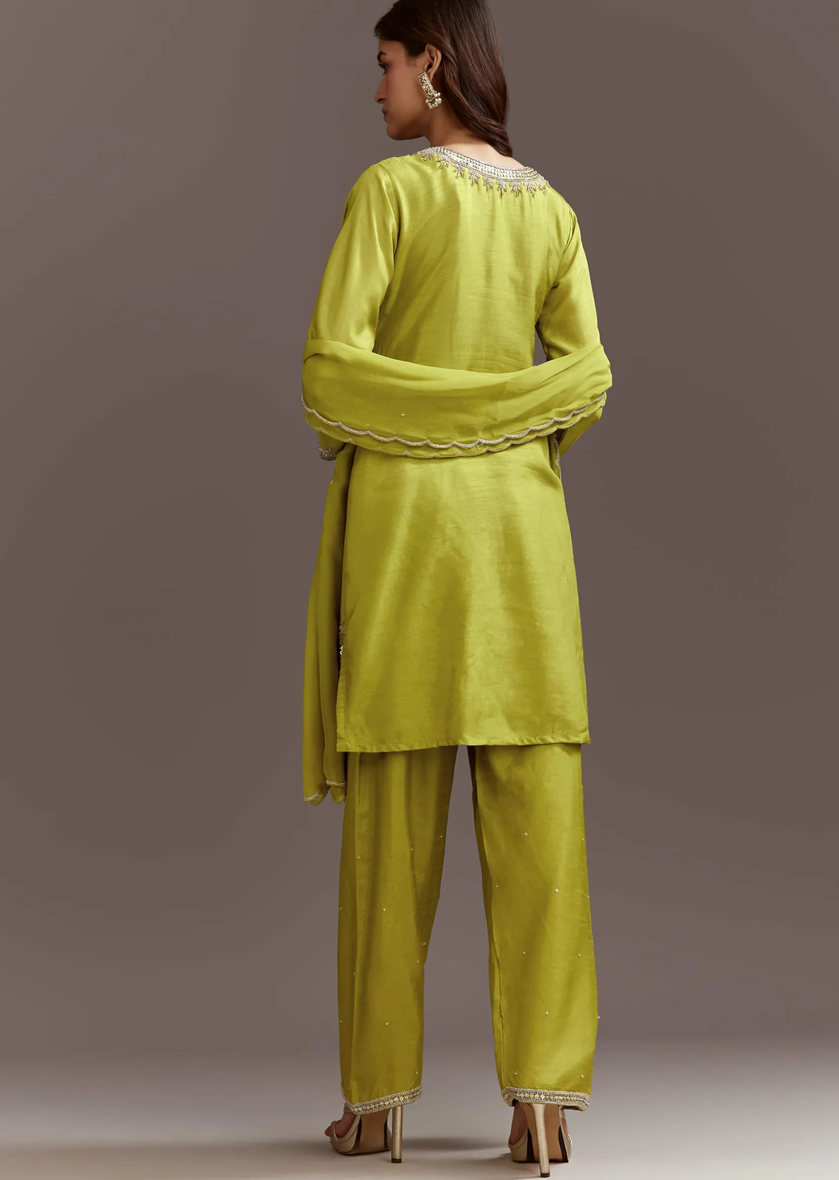 Green Beads And Sequins Work Kurta Set With Organza Dupatta