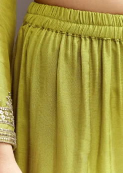 Green Beads And Sequins Work Kurta Set With Organza Dupatta