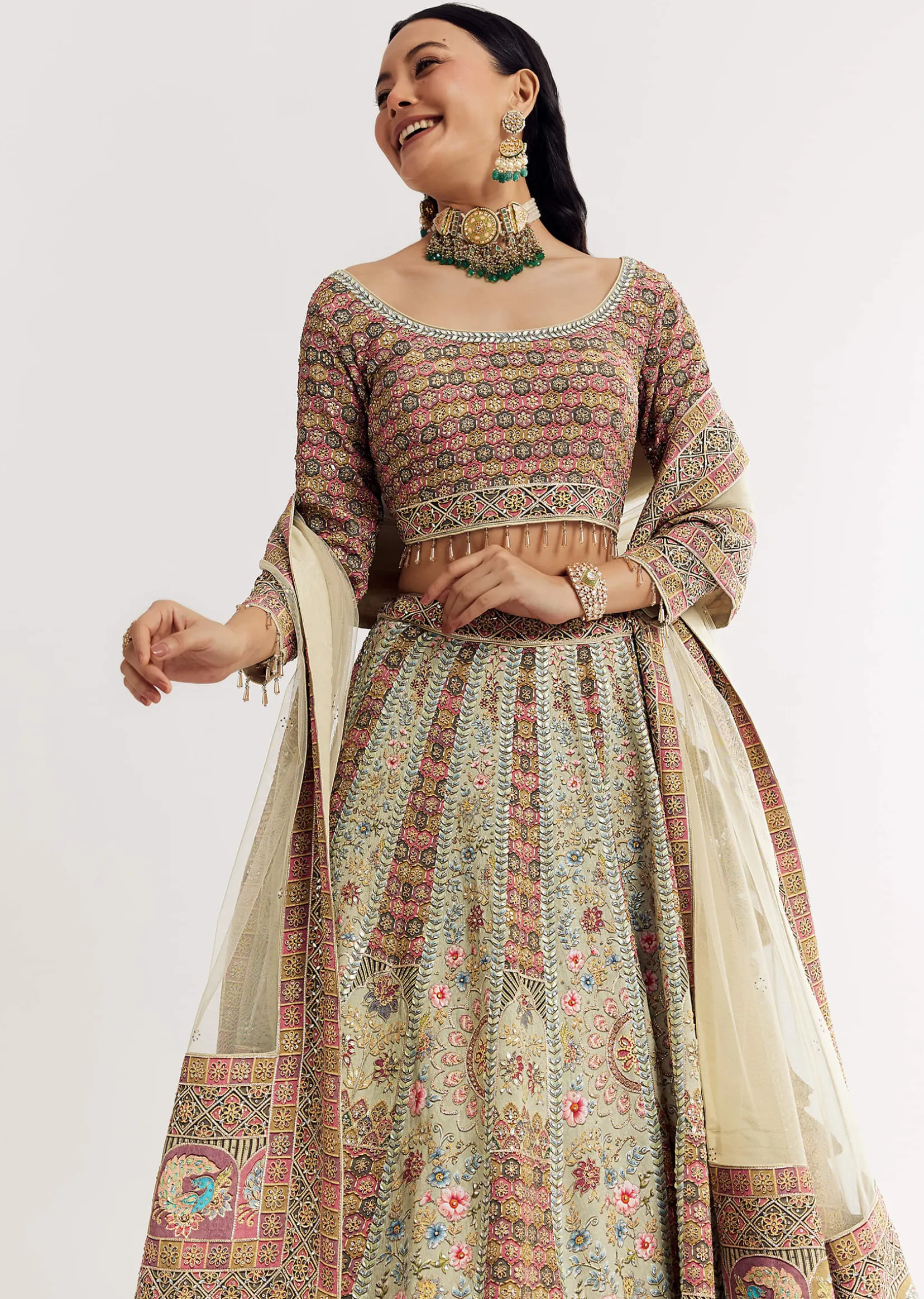 Green Beige Georgette Printed Lehenga With Scoop Neckline And Net Dupatta