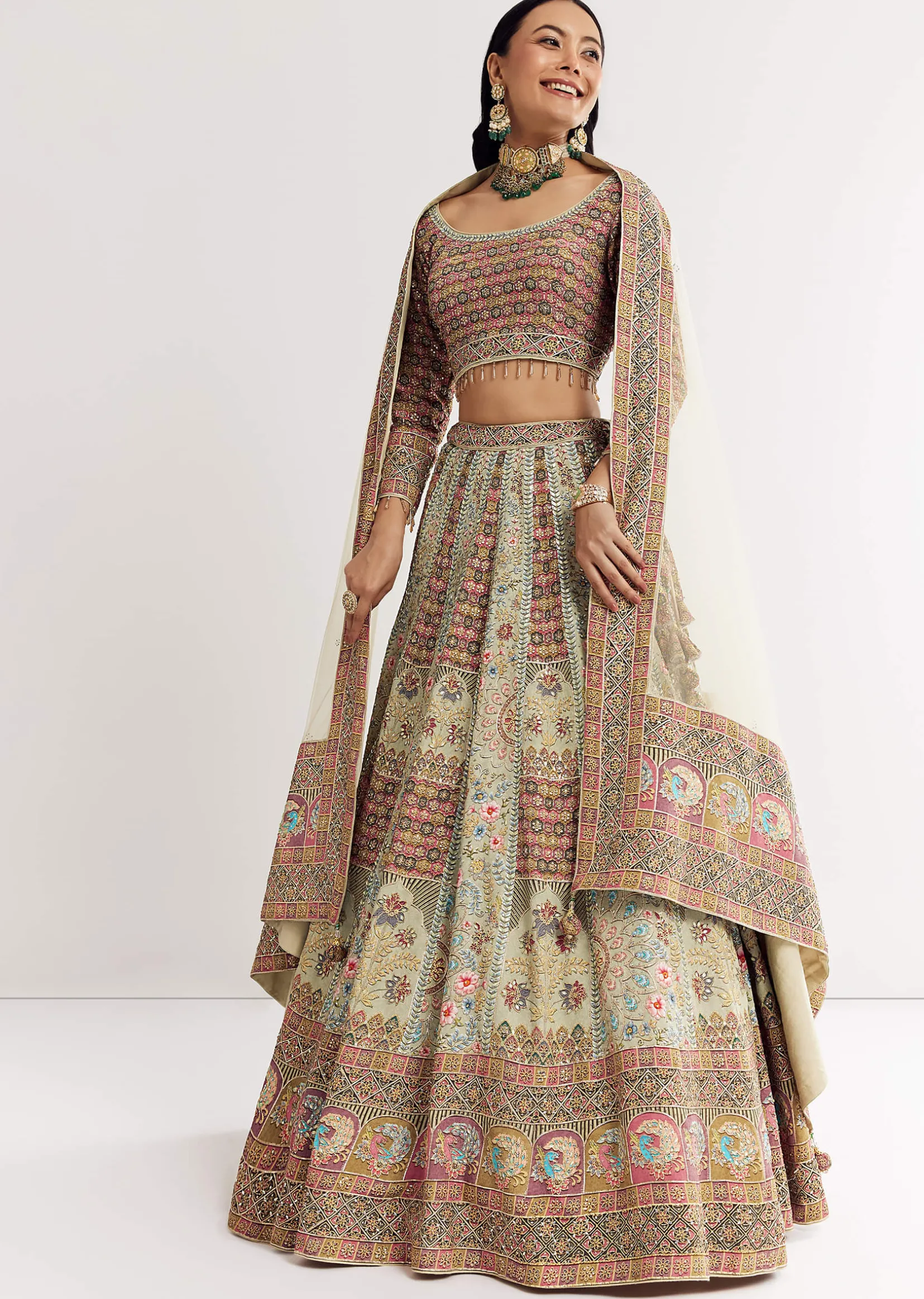 Green Beige Georgette Printed Lehenga With Scoop Neckline And Net Dupatta
