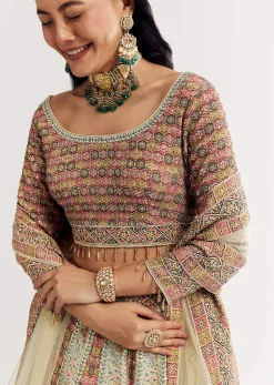 Green Beige Georgette Printed Lehenga With Scoop Neckline And Net Dupatta