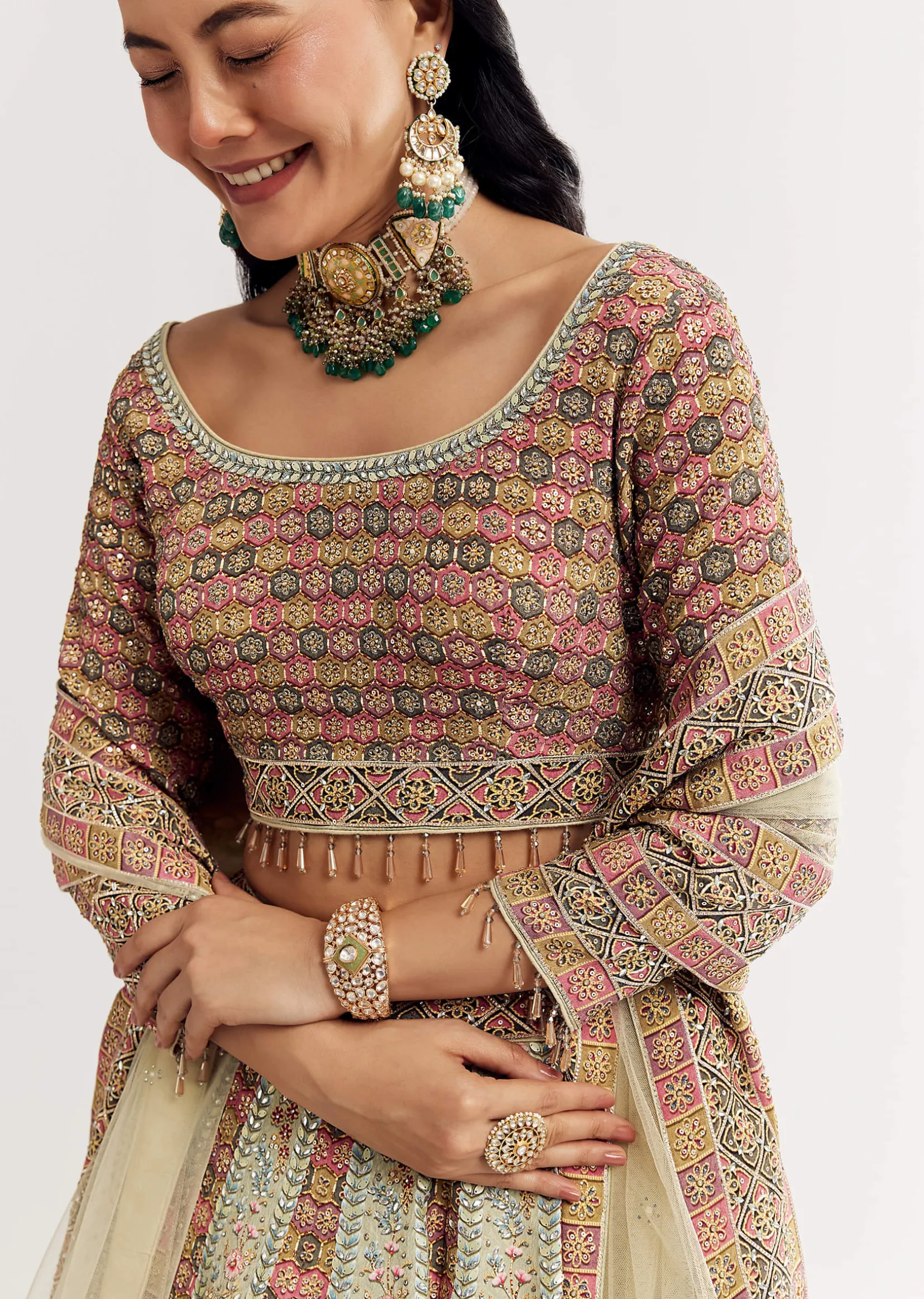 Green Beige Georgette Printed Lehenga With Scoop Neckline And Net Dupatta