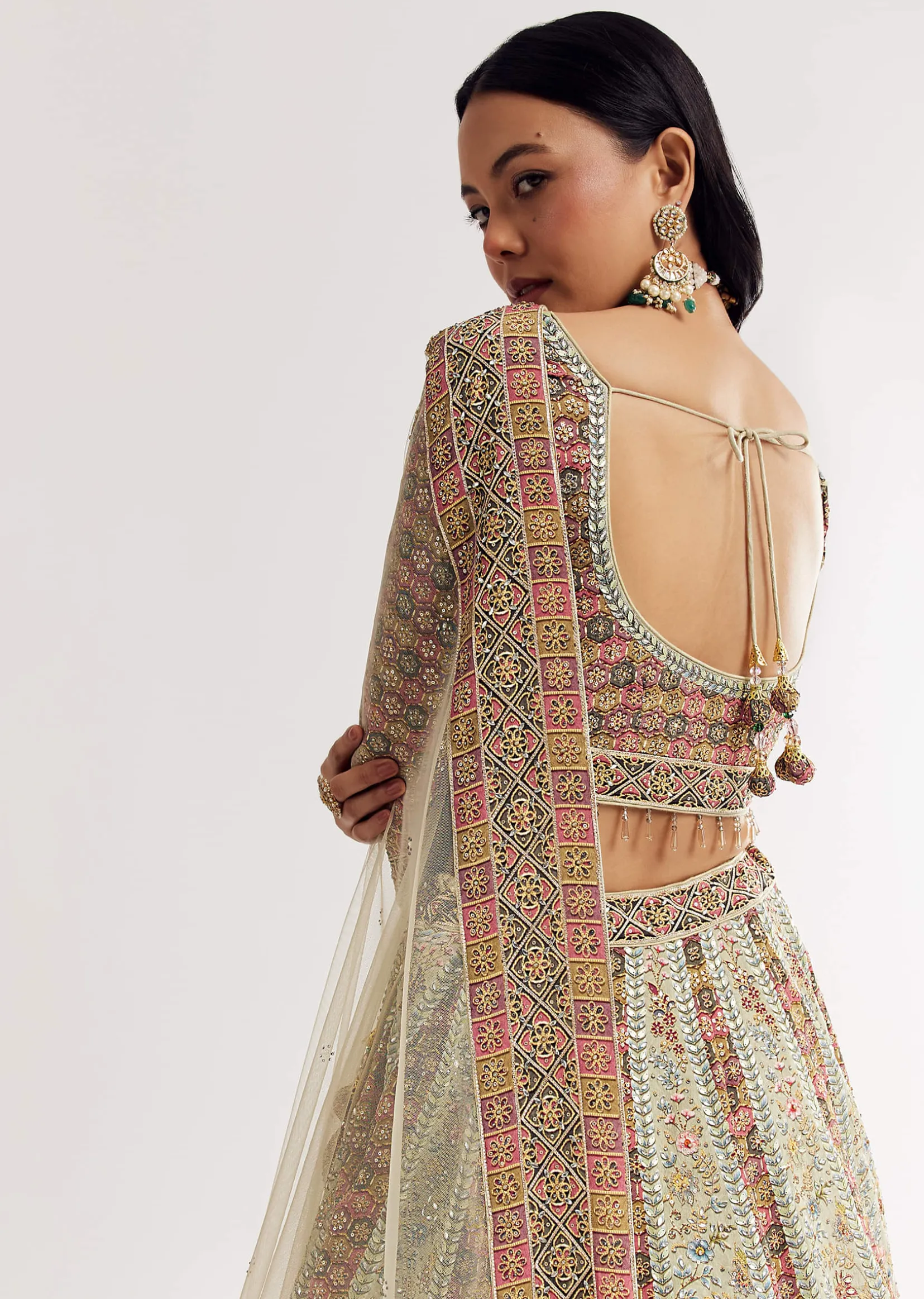 Green Beige Georgette Printed Lehenga With Scoop Neckline And Net Dupatta