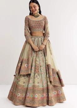 Green Beige Georgette Printed Lehenga With Scoop Neckline And Net Dupatta