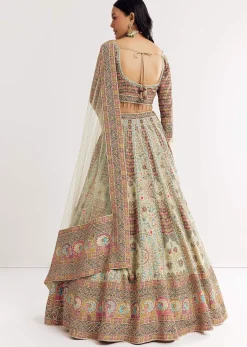 Green Beige Georgette Printed Lehenga With Scoop Neckline And Net Dupatta