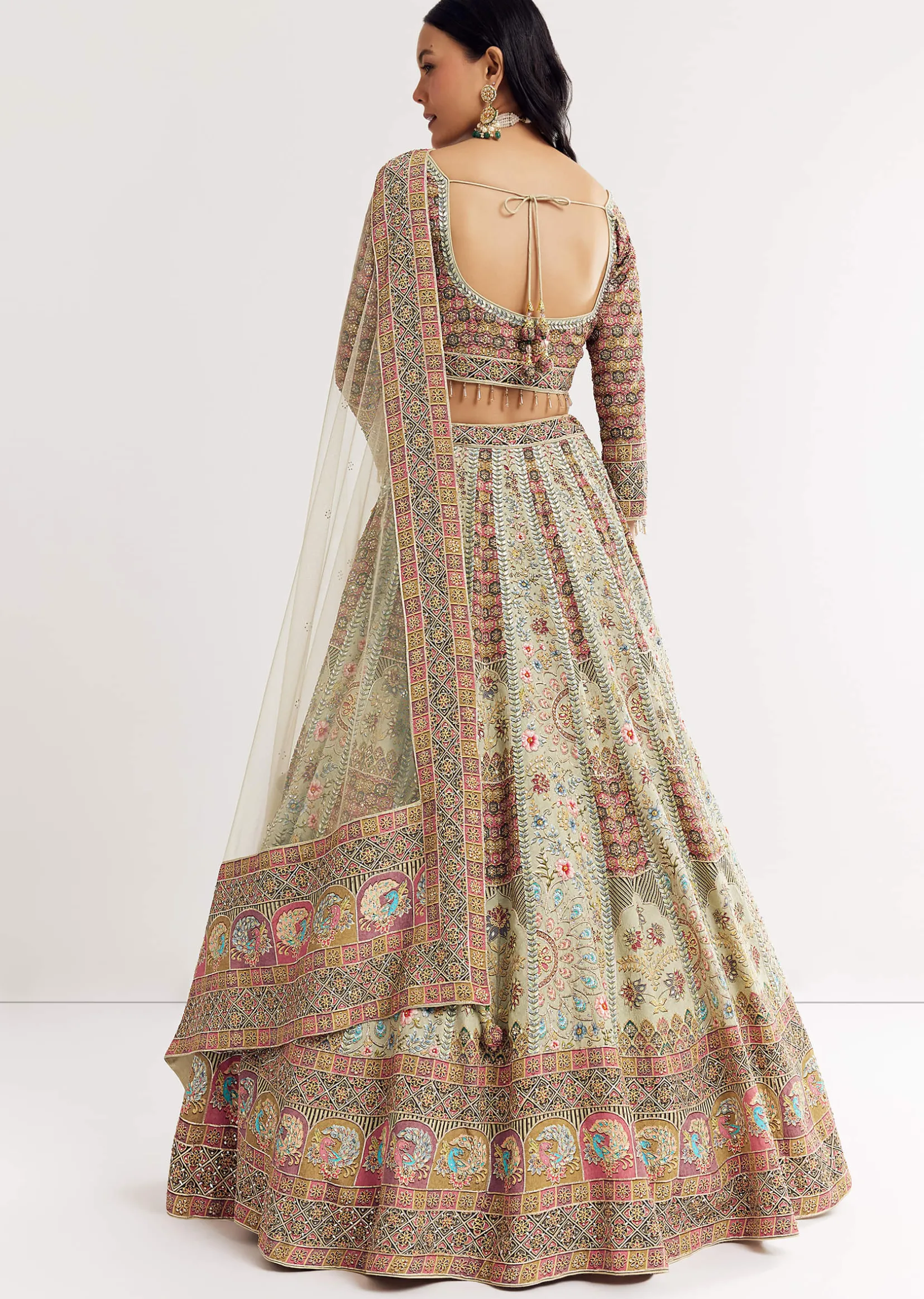 Green Beige Georgette Printed Lehenga With Scoop Neckline And Net Dupatta