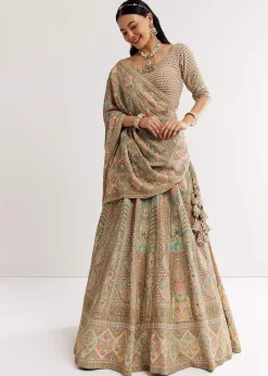 Green Beige Sweetheart Neck Georgette Printed Lehenga With Crepe Dupatta