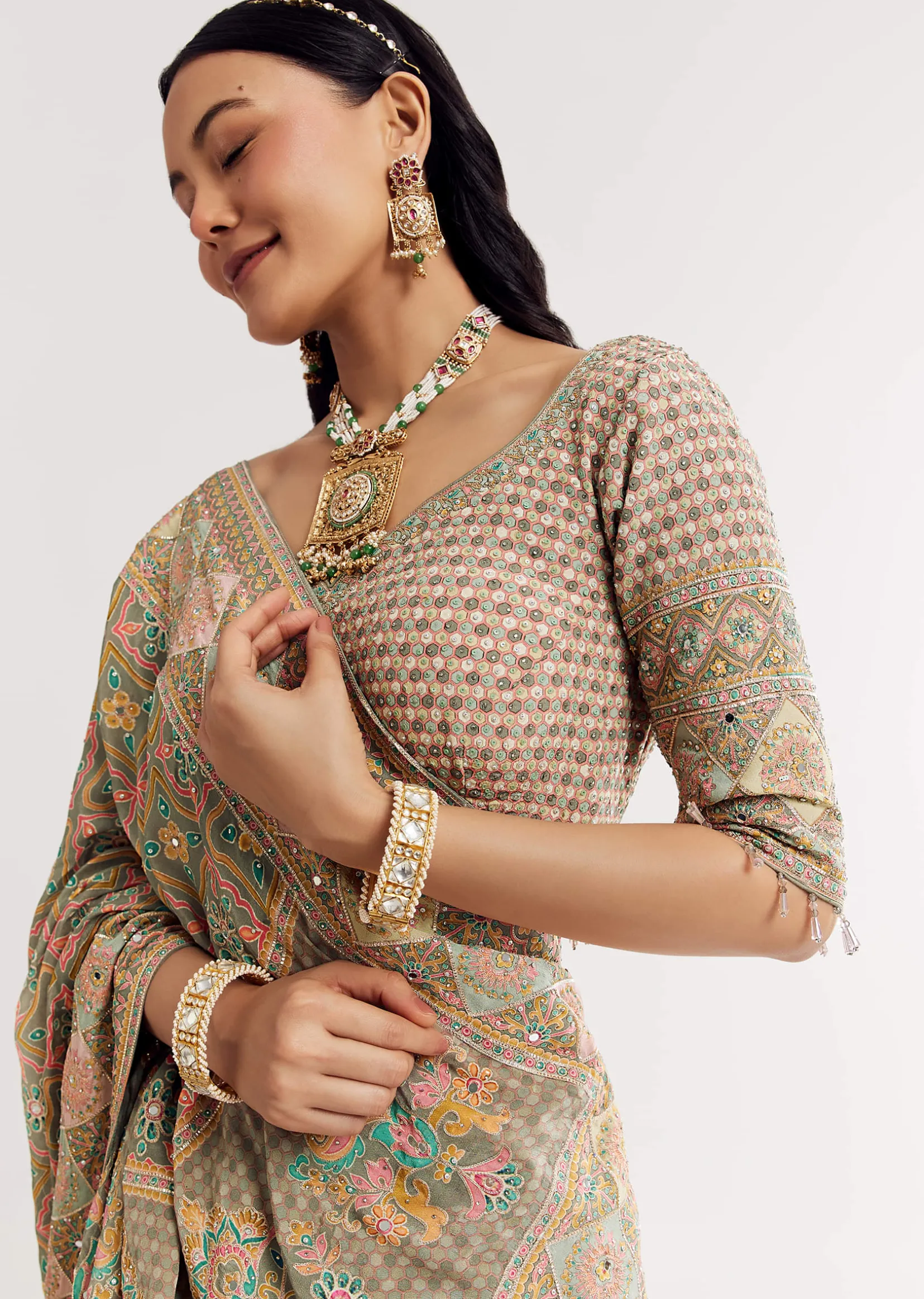 Green Beige Sweetheart Neck Georgette Printed Lehenga With Crepe Dupatta