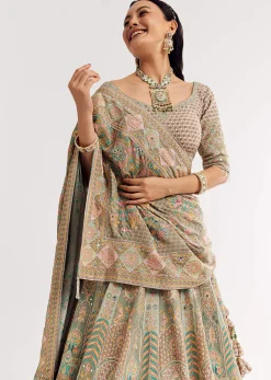 Green Beige Sweetheart Neck Georgette Printed Lehenga With Crepe Dupatta