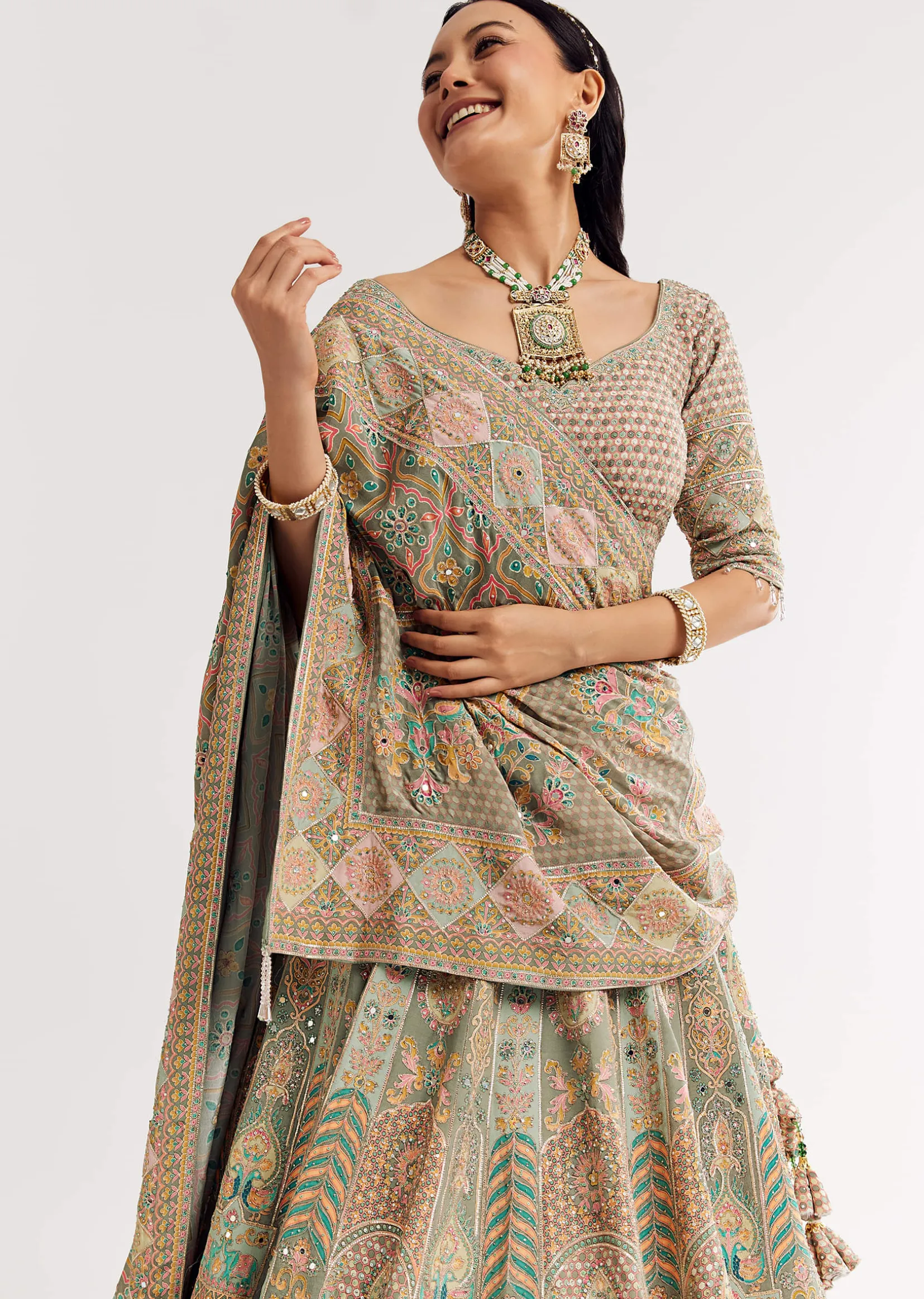 Green Beige Sweetheart Neck Georgette Printed Lehenga With Crepe Dupatta