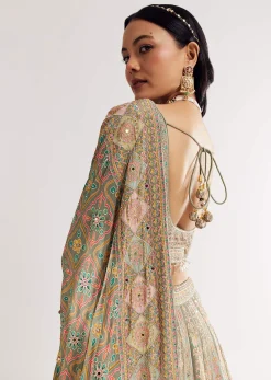 Green Beige Sweetheart Neck Georgette Printed Lehenga With Crepe Dupatta