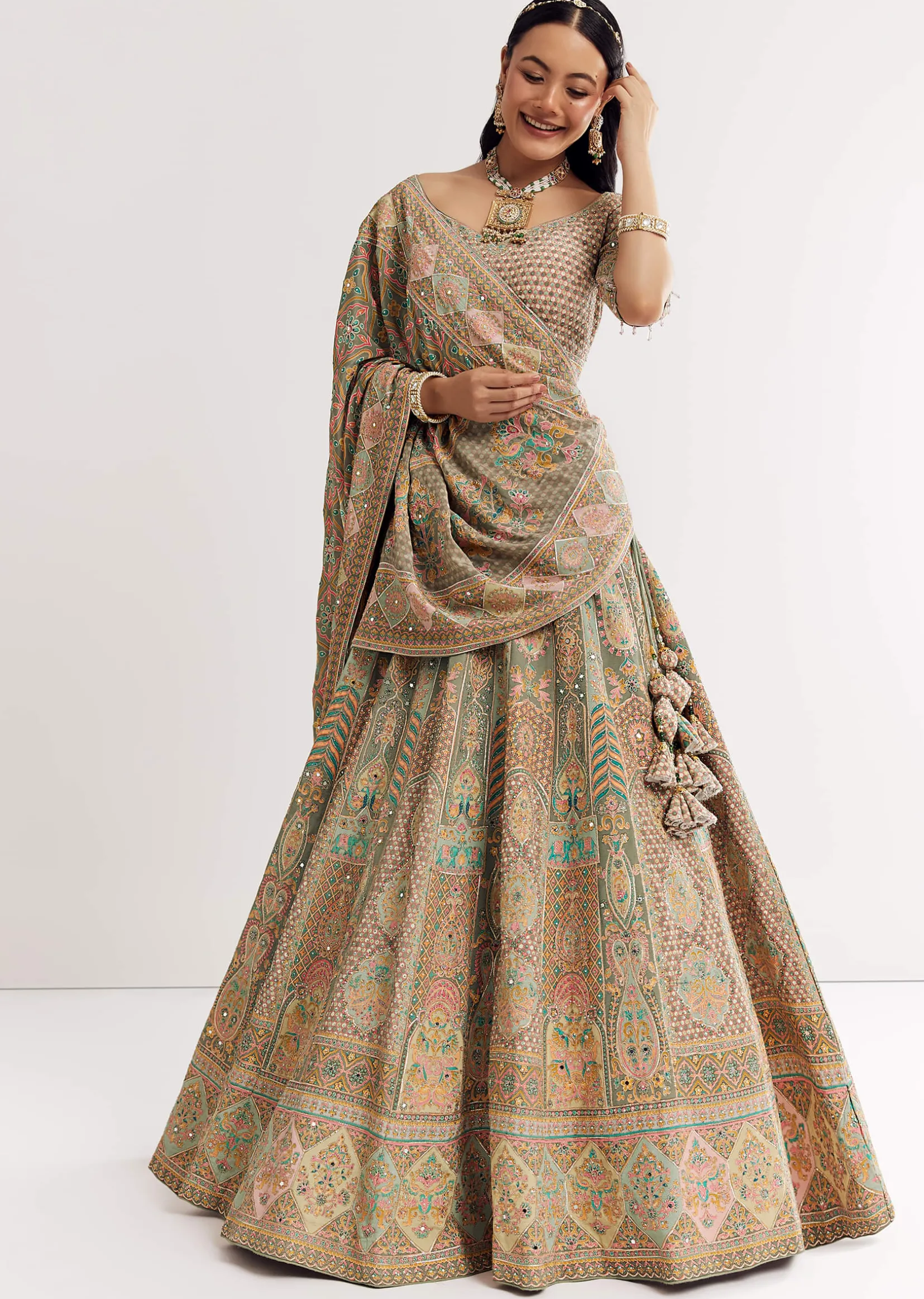 Green Beige Sweetheart Neck Georgette Printed Lehenga With Crepe Dupatta