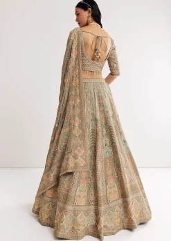 Green Beige Sweetheart Neck Georgette Printed Lehenga With Crepe Dupatta