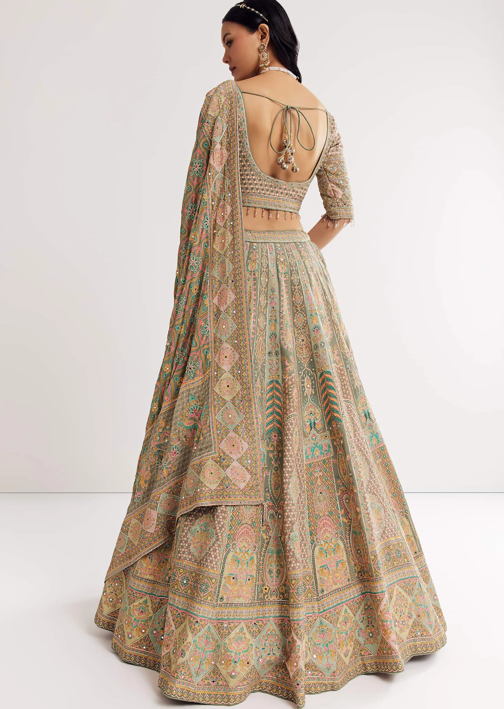 Green Beige Sweetheart Neck Georgette Printed Lehenga With Crepe Dupatta