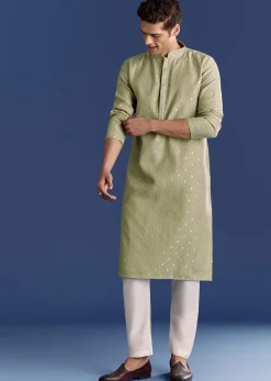 Green Benaras Jacquard Kurta Set With Print