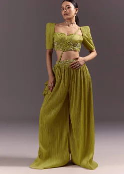 Green Blouse Palazzo Suit With Hand Embroidery And Sling Bag