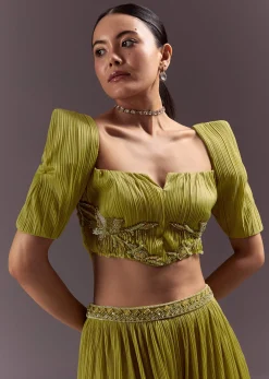 Green Blouse Palazzo Suit With Hand Embroidery And Sling Bag