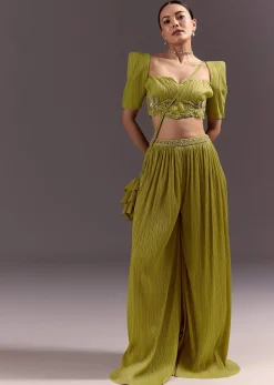 Green Blouse Palazzo Suit With Hand Embroidery And Sling Bag