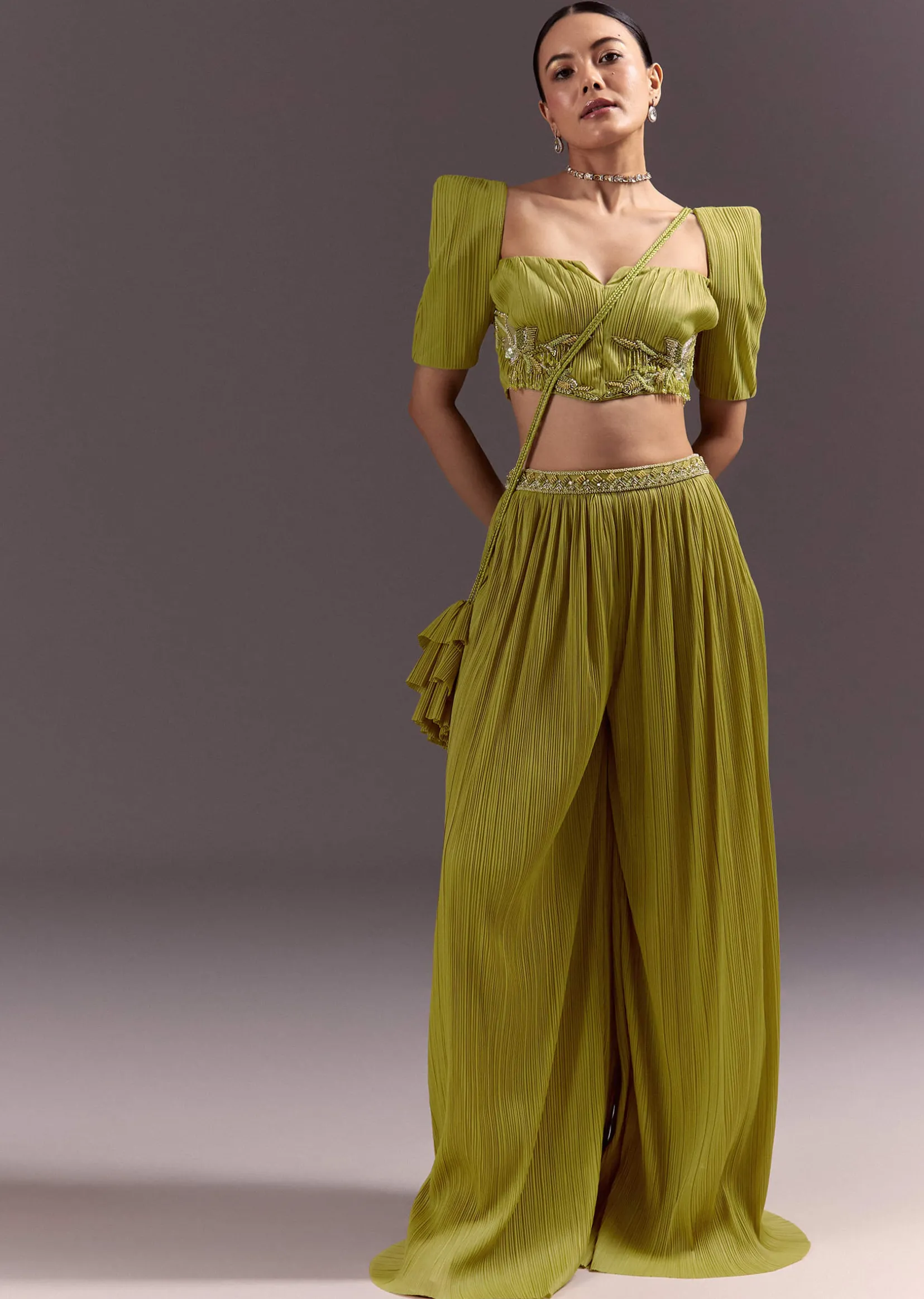 Green Blouse Palazzo Suit With Hand Embroidery And Sling Bag
