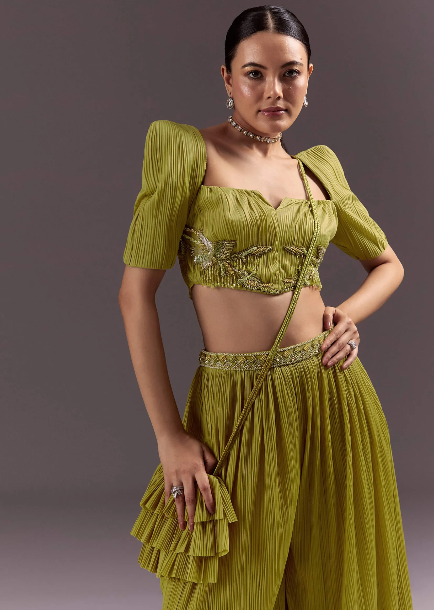 Green Blouse Palazzo Suit With Hand Embroidery And Sling Bag