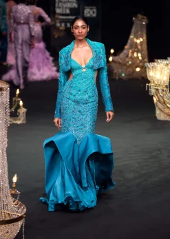 Green Blue Ombre Zardosi Fishcut Draped Gown