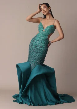 Green Blue Ombre Zardosi Fishcut Draped Gown