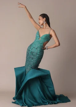 Green Blue Ombre Zardosi Fishcut Draped Gown