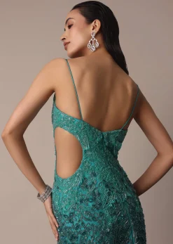 Green Blue Ombre Zardosi Fishcut Draped Gown