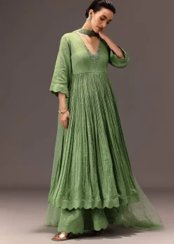 Green Chanderi Silk Hand Work Kurta Set