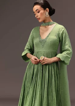 Green Chanderi Silk Hand Work Kurta Set
