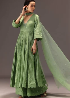 Green Chanderi Silk Hand Work Kurta Set