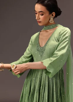 Green Chanderi Silk Hand Work Kurta Set